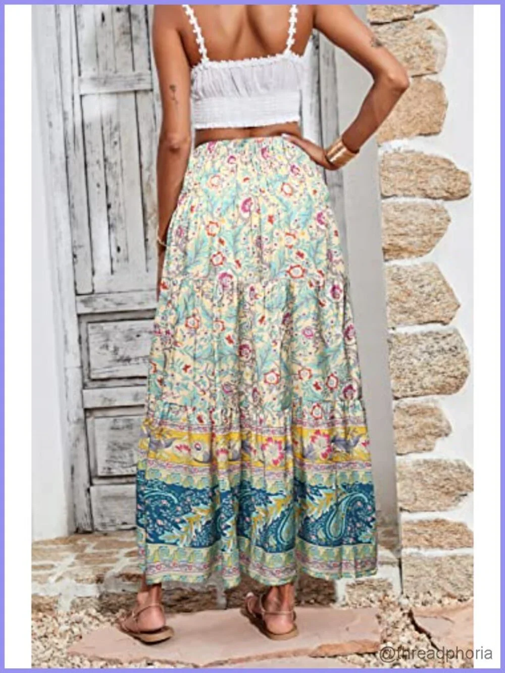 Boho Floral Maxi Skirt High Waist A Line Beach Vacation